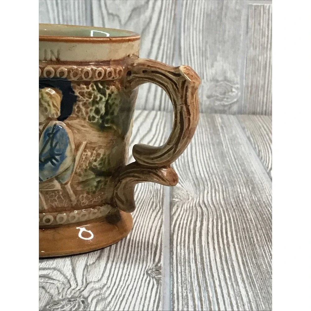 Vintage Ceramic Mustache Stein Relief Scene Cabin Mountains Beer Mug